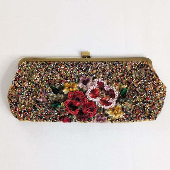 VTG Beaded Floral Soure Clasp Closure Clutch Top Closure Bag - Picture 1 of 9